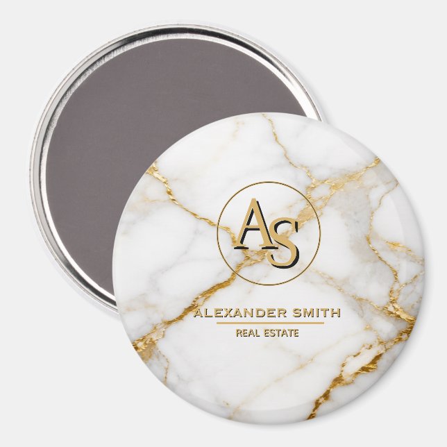 Imán Luxury White Marble Gold Monogram Real Estate  (Anverso/Reverso)