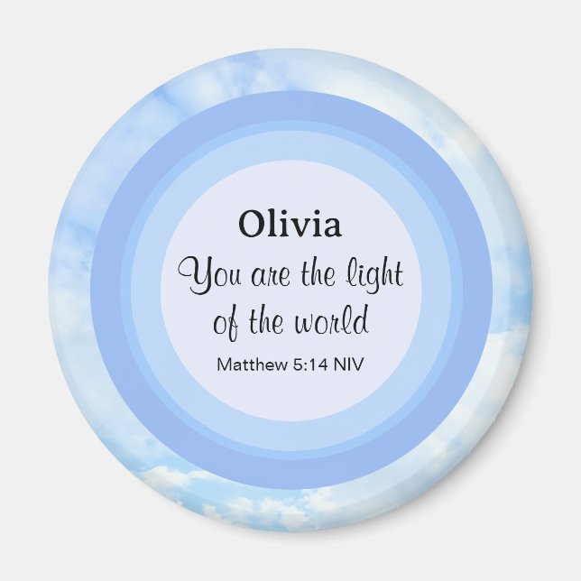 Imán Luz del mundo del bebé azul Biblia Verse Name (Frente)
