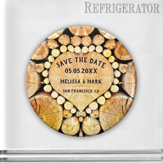 Imán Madera Corazón Anillos Madera Madera Guardar el im (A Save the Date magnet featuring a heart shaped wood trunk with tree rings.)