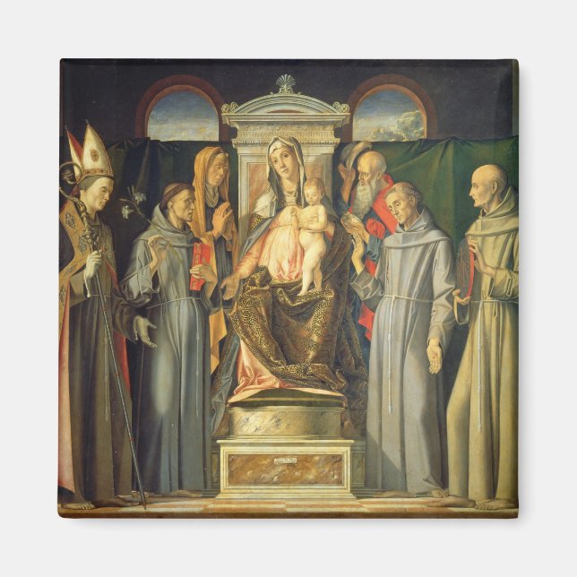 Imán Madonna Enthroned, 1480 (petróleo en el panel) (Frente)