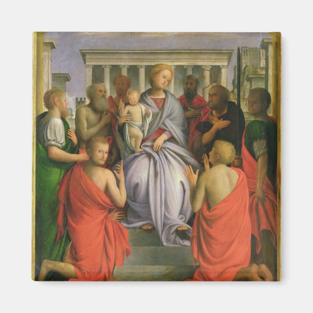 Imán Madonna y niño con ocho santos, años 1520 (tempera (Frente)