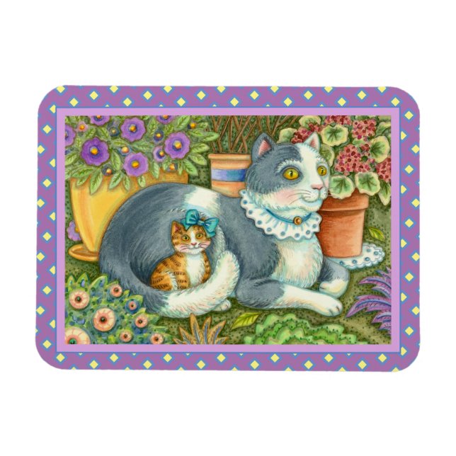 IMÁN MADRE CAT Y KITTEN, FLORES DE PUNTO, BOWS Y LACE (Horizontal)