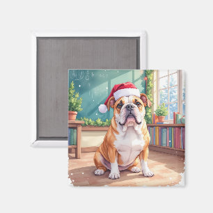 Imán Maestro Bulldog Inglés Sombrero de Santa en el Aul