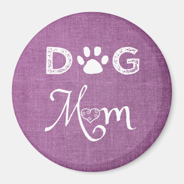 Imán Magenta Burlap Dog Mom Magnet (Frente)