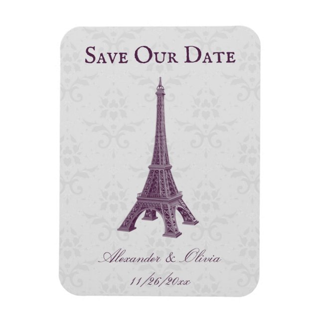 Imán Magenta Eiffel Tower Damask Salvar La Fecha Magnet (Vertical)