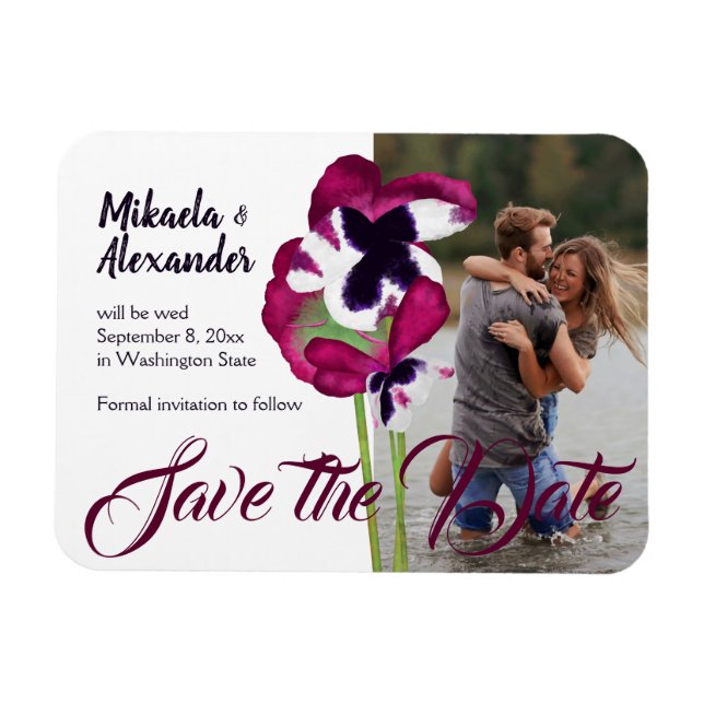 Imán Magenta Pansies Wedding Save the Date Magnet (Horizontal)