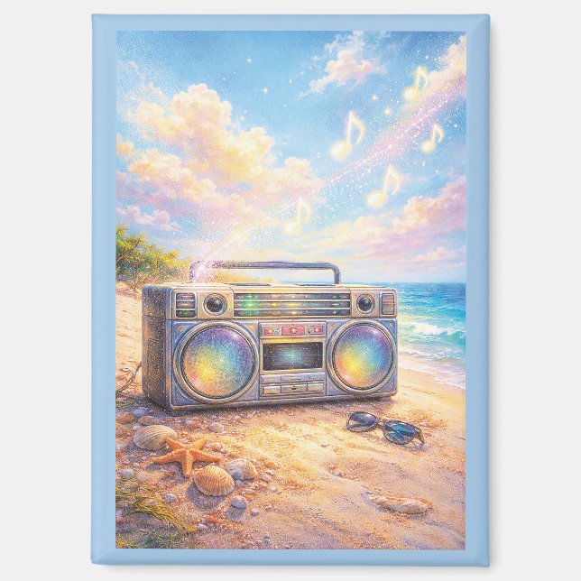 Imán Magical Retro Boombox Playing Music On Beach (Anverso)