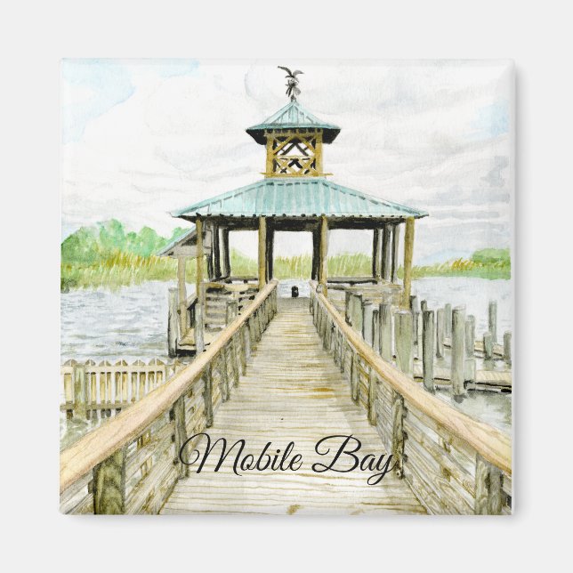 Imán Magnate de acuarela de Mobile Bay Dock (Frente)