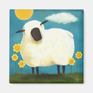 Imán Magnate de arte de ovejas y flores amarillas