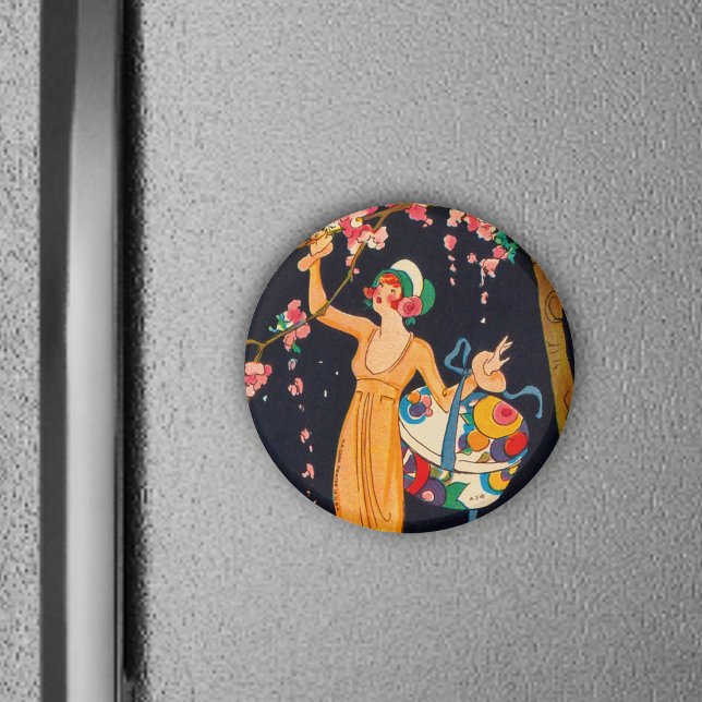 Imán Magnate de flores para picar Art Deco (Lady picking pretty pink cherry blossoms from tree on black frig magnet.)