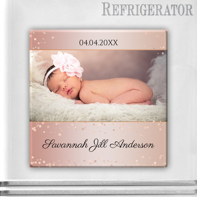Imán Magnate de fotos de Rosa de oro para bebé (Baby girl personalized photo magnet with a chic pink and rose gold sparkly design)