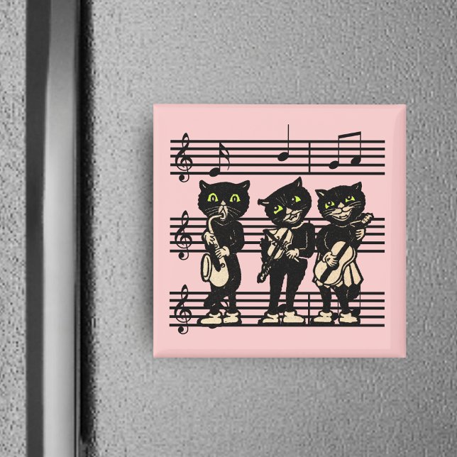 Imán Magnate de gatos negros musicales (Three jazz musicians black cats green eyes on sheet music on pink square magnet.)