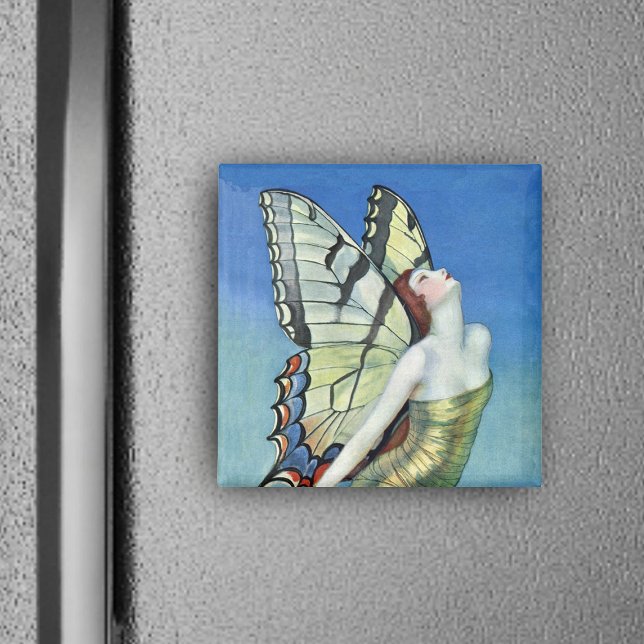 Imán Magnate de hadas de mariposa dorada (Pretty monarch butterfly winged fairy red hair gold dress in blue sky square magnet.)