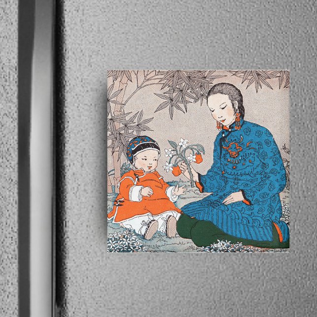 Imán Magnate de madres y bebés asiáticos (Asian mother with baby sharing pretty orange and white flowers on square magnet.)