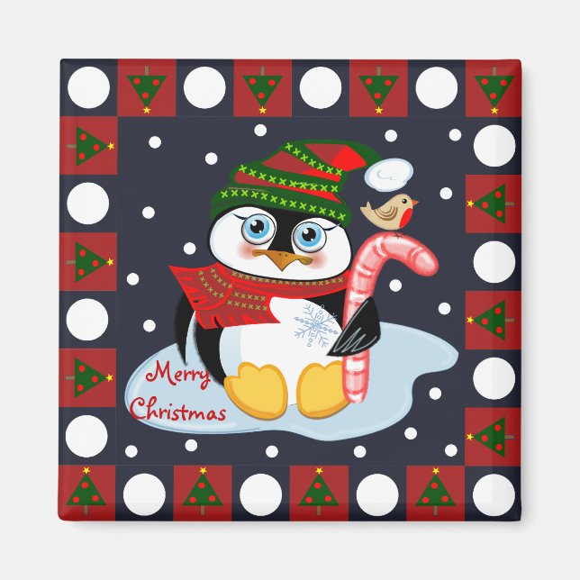 Imán Magnate de navidad con pingüino y Robin (Frente)