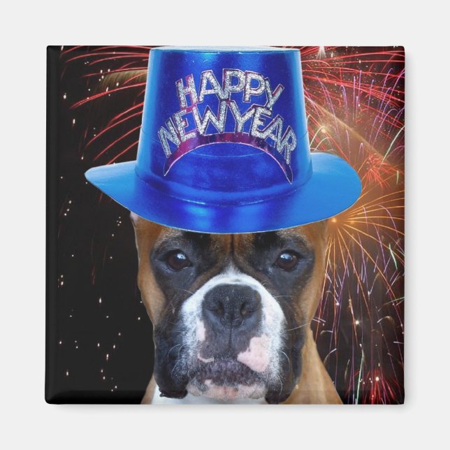 Imán Magnate de perro para Boxer de Año Nuevo Feliz (Frente)