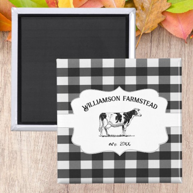 Imán Magnate de vaca de granja de búfalo negro (Black Buffalo Plaid Farm Cow Kitchen Magnet)