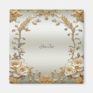 Imán Magnate Golden Ornate White Flowers