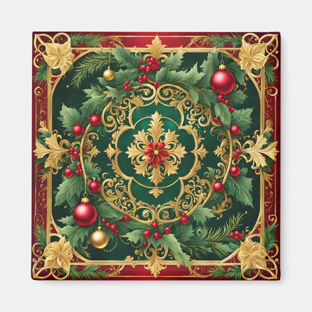 Imán Magnate navideño de Navidades de oro verde rojo (Frente)