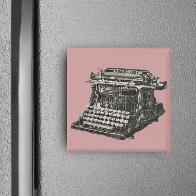 Imán Magnet Antiguo Typewriter (Black white illustration vintage manual typewriter on dusty pink square magnet.)
