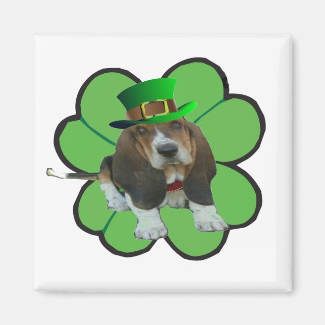 Imán Magnet Basset Hound Happy St. Patrick's Clover (Frente)