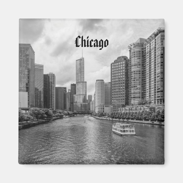 Imán Magnet De Escala De Grises Del Río Chicago Y Trump (Frente)