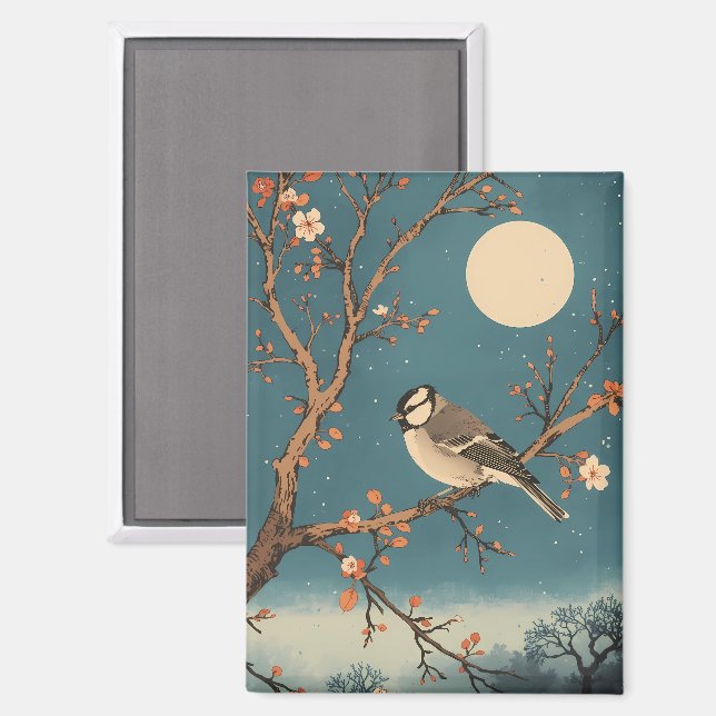 Imán Magnet - Moonlit Bird on Blossom Branch (Anverso/Reverso)