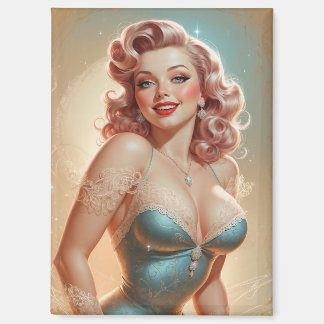 Imán Magnet Pin-Up Blonde Glamour Robe Bleue Dentelle