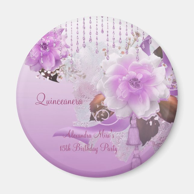 Imán Magnet Quinceanera 15º Lilac Blanco Floral Rosa (Frente)