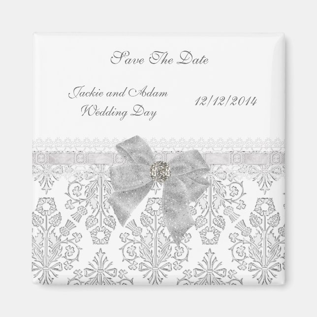 Imán Magnet Save The Date Boda Damask White (Frente)