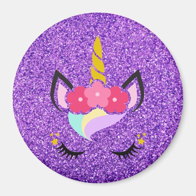 Imán Magnet unicornio morado Purpurina personalizado (Frente)