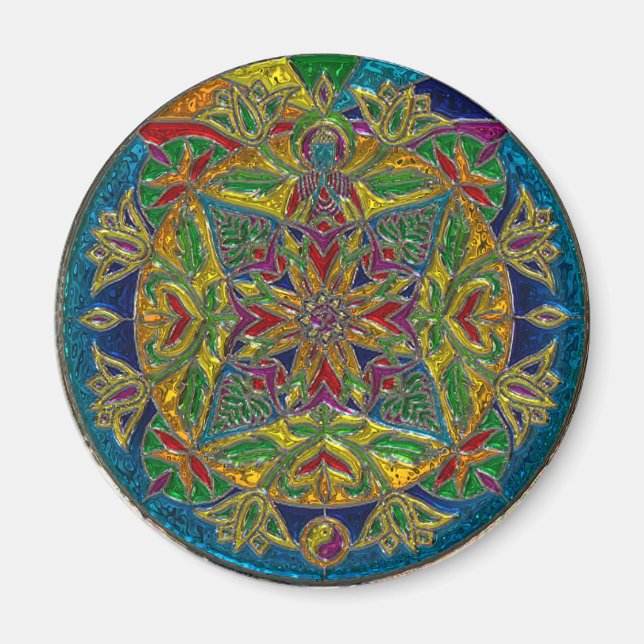 Imán Magnífico azul, amarillo verde Mandala (Frente)