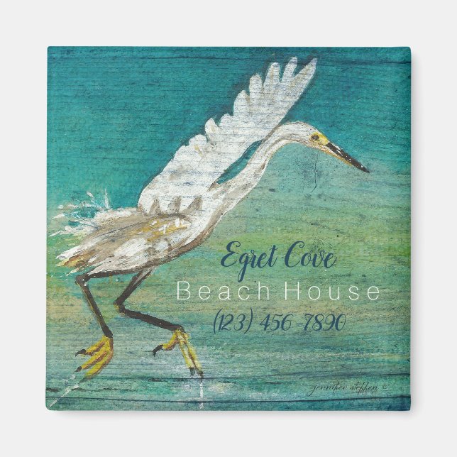 Imán Magnífico Egret Shorebird Beach House Art (Frente)