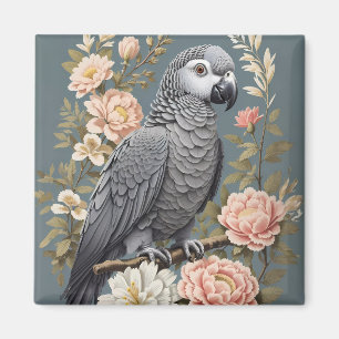Imán Magnífico Loro Gris Africano Con Elegantes Florale