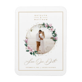 Imán Magnolia Floral Gold Circle Photo Save the Date