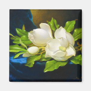 Imán Magnolias gigantes en un lienzo de terciopelo azul