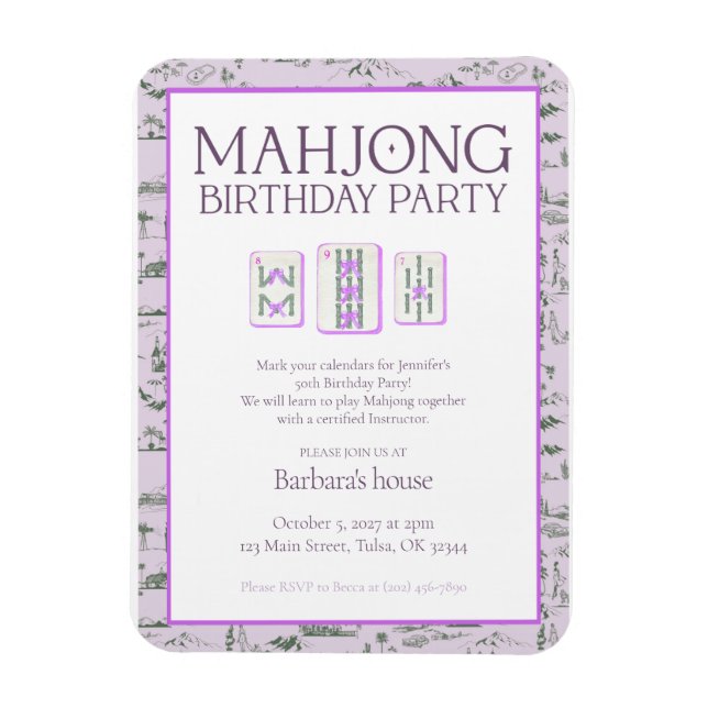Imán Mahjong Birthday Party Invitation, purple toile (Vertical)