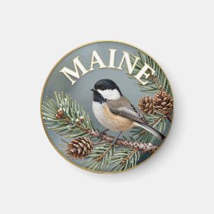 Imán Maine Ave Estatal Chickadee & Botánico de Pino Bla