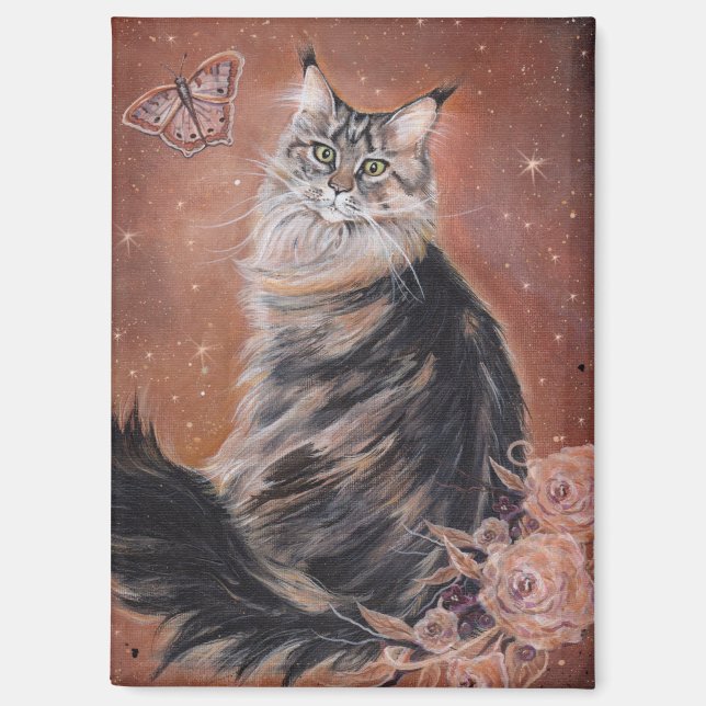 Imán Maine coon cat with flowers art by Renee  (Anverso)