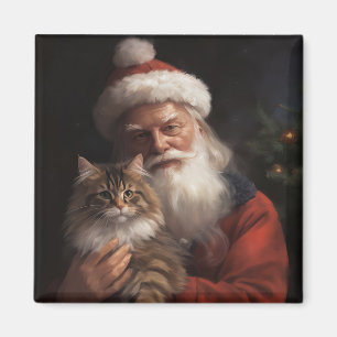 Imán Maine Coon con Santa Claus Festivo de Navidad