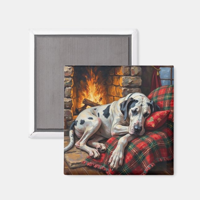 Imán Majestic Great Dane Asleep by Fireplace Cozy (Anverso/Reverso)