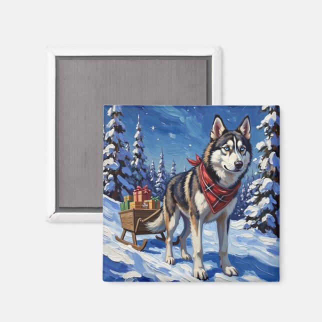 Imán Majestic Siberian Husky Pulling Christmas Sled (Anverso/Reverso)