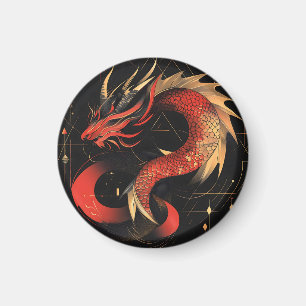 Imán Majestuoso Arte Dragón Chino Rojo y Oro