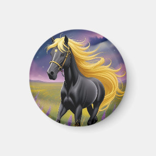 Imán Majestuoso caballo negro con melena dorada fluida