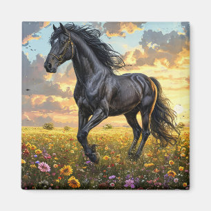 Imán Majestuoso caballo negro galopando a través de una