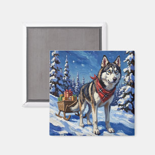 Imán Majestuoso Husky Siberiano Tirando Trineo de Navid