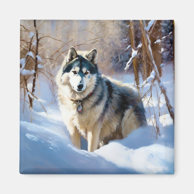 Imán Malamute de Alaska Deja que nieve Navidad (Frente)