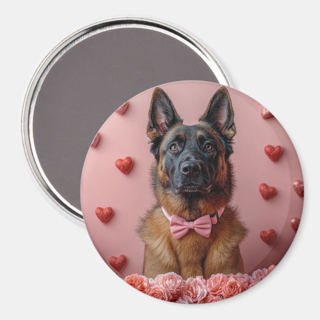 Imán Malinois belga con rosas - Día de San Valentín  (Anverso/Reverso)