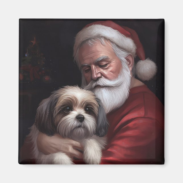 Imán Malti Tzu con Santa Claus Navidad Festiva (Frente)