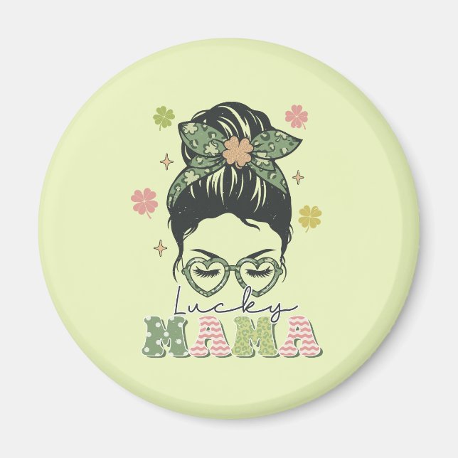 Imán Mamá afortunada - Messy Bun - Clover St. Patrick (Frente)